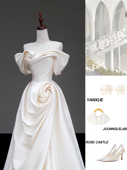 Classy Elegant A Line Off The Shoulder Flowers Satin Long Wedding Dress Brides Dress DP639