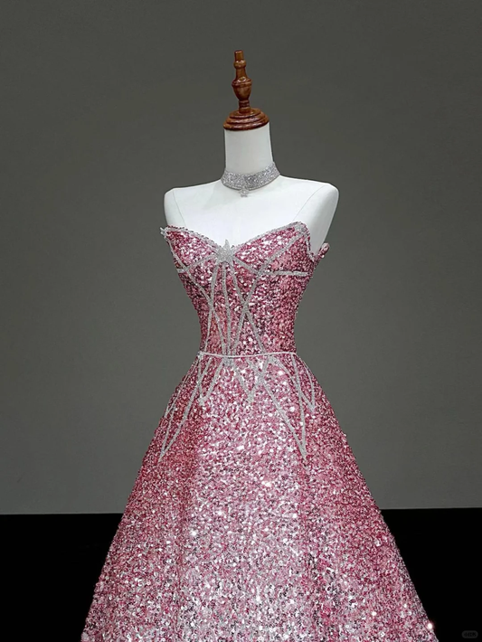 Fairy-tale Ball Gown Sweetheart Sequin Pink Silver Long Prom Dresses Evening Dresses DP640