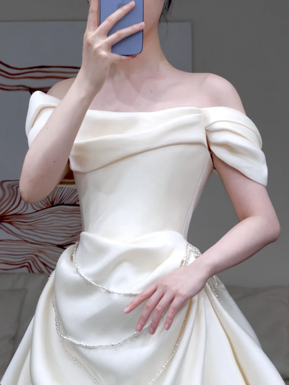 Classy Elegant A Line Off The Shoulder White Satin Long Wedding Dress Brides Dress DP644