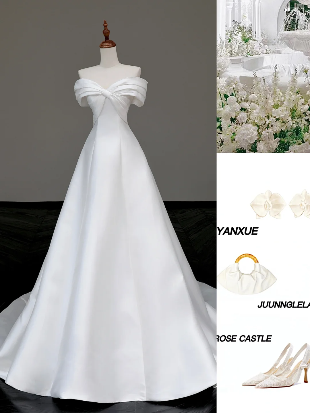 Classy Elegant A Line Off The Shoulder White Satin Long Wedding Dress Brides Dress DP653
