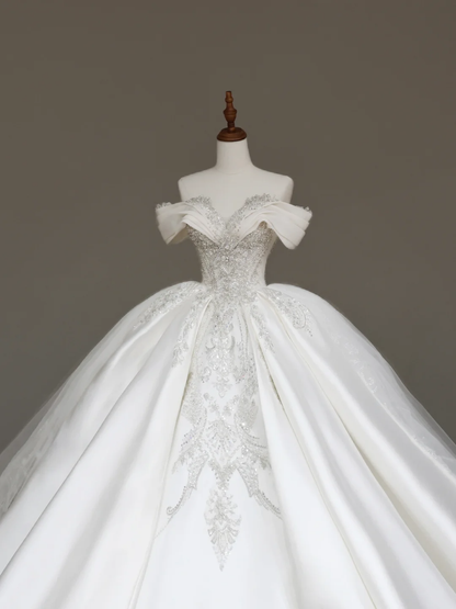 Classy Elegant Ball Gown Off The Shoulder Sequin White Short Sleeves Wedding Dress Brides Dress DP681