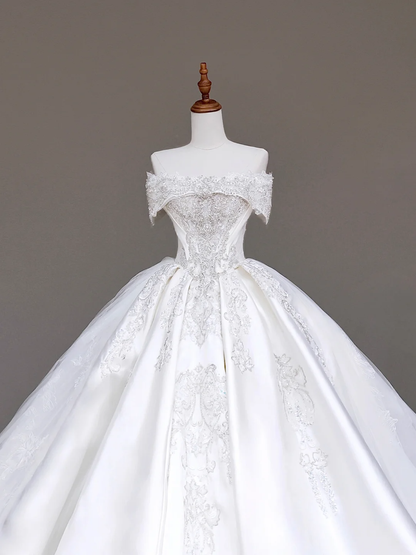 Classy Elegant Ball Gown Off The Shoulder Sequin White Short Sleeves Wedding Dress Brides Dress DP685