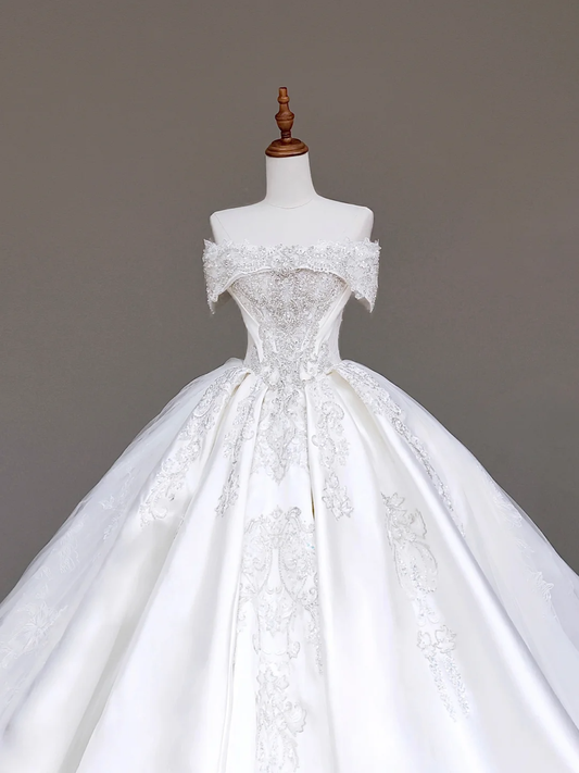 Classy Elegant Ball Gown Off The Shoulder Sequin White Short Sleeves Wedding Dress Brides Dress DP685
