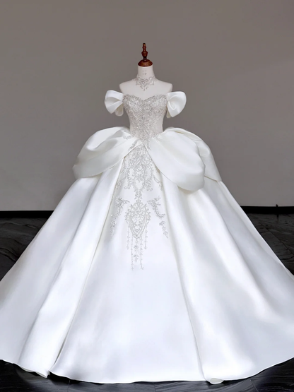 Classy Elegant Ball Gown Off The Shoulder Satin White Short Sleeves Wedding Dress Brides Dress DP688