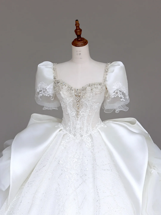 Classy Elegant Ball Gown Sweetheart White Short Sleeves Satin Wedding Dress Brides Dress DP692