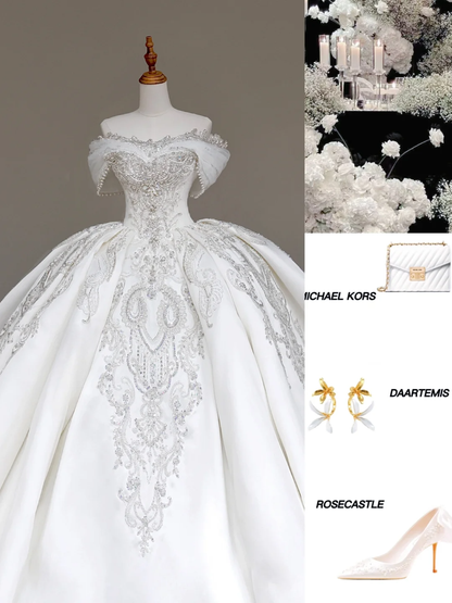 Classy Elegant Ball Gown Off The Shoulder Sequin White Short Sleeves Wedding Dress Brides Dress DP699