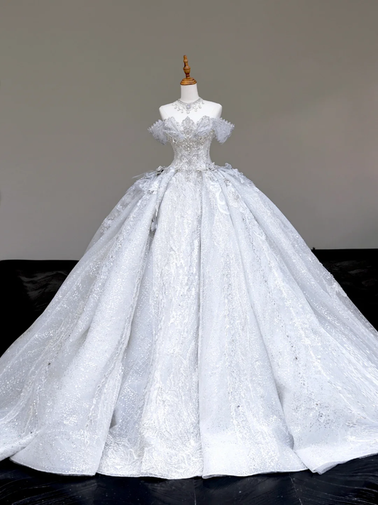 Classy Elegant Ball Gown Off The Shoulder Sequin White Short Sleeves Wedding Dress Brides Dress DP702