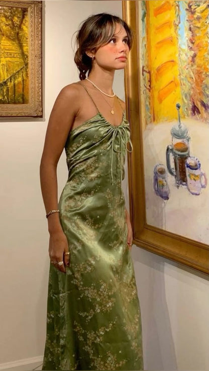 Gorgeous A line Halter Green Floral Prom Dresses Formal Summer Wedding Guest Dresses Wedding Guest Outfits DP760