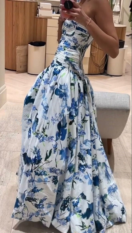 Elegant Wedding Guest Outfit Ball Gown Blue Floral Formal Night Dresses Summer Wedding Guest Dresses Graduation Dresses DP764