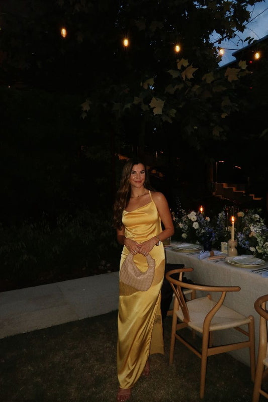 Gorgeous A Line Halter Yellow Prom Dresses Formal Summer Wedding Guest Dresses Wedding Guest Outfits DP772