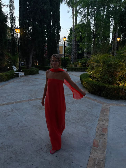Gorgeous A line Strapless Red Chiffon Prom Dresses Formal Summer Wedding Guest Dresses Wedding Guest Outfits With Scarf DP774