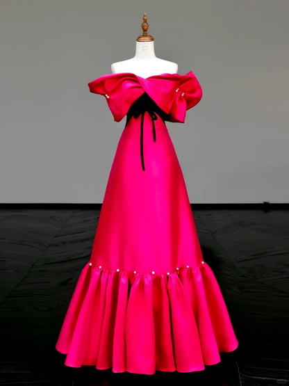 Gorgeous Ball Gown Off The Shoulder Hot Pink Satin Long Prom Dress Party Dress Graduation Dresses DP801
