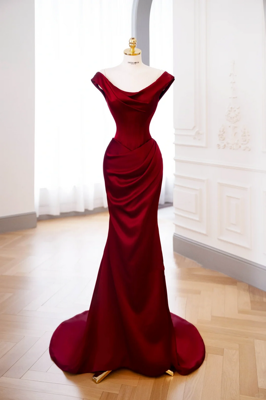 Classy Mermaid Burgundy Satin Long Evening Gowns Party Dress Evening Dresses DP898