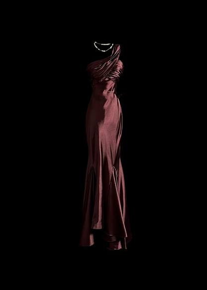 Elegant Glamour Mermaid One Shoulder Burgundy Satin Long Prom Dresses Party Dress Evening Dress DP919