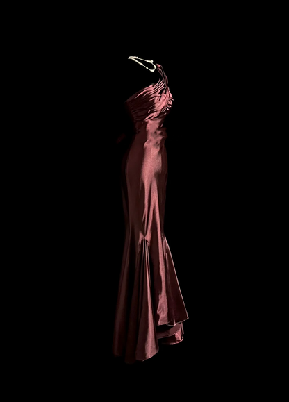 Elegant Glamour Mermaid One Shoulder Burgundy Satin Long Prom Dresses Party Dress Evening Dress DP919