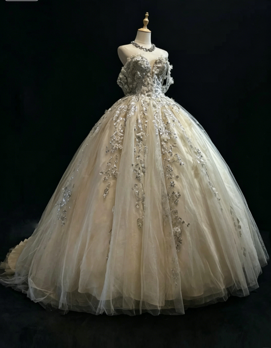 Fairy Sweetheart Ball Gown Long Quinceanera Dress Tulle Applique Birthday Dress Yellow Sweet 16 Dress DQ001
