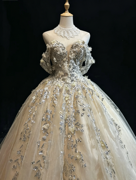 Fairy Sweetheart Ball Gown Long Quinceanera Dress Tulle Applique Birthday Dress Yellow Sweet 16 Dress DQ001