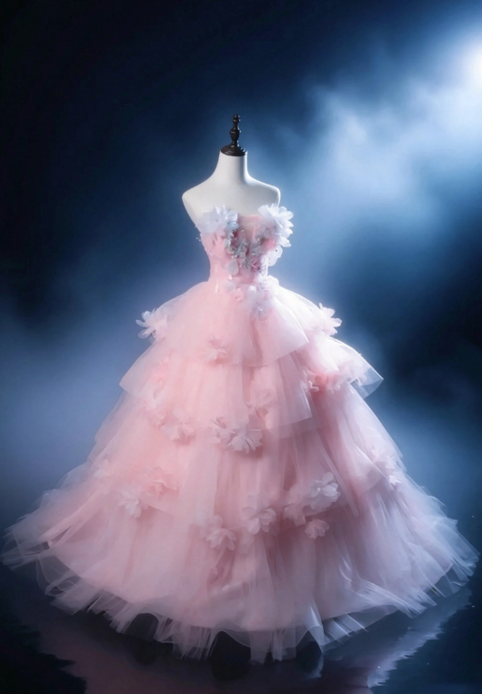 Fairy Strapless Ball Gown Long Quinceanera Dress Tulle Applique Birthday Dress Pink Sweet 16 Dress DQ002