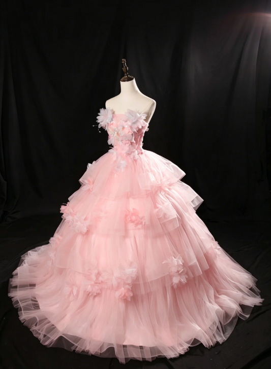 Fairy Strapless Ball Gown Long Quinceanera Dress Tulle Applique Birthday Dress Pink Sweet 16 Dress DQ002