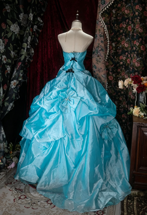 Fairy Strapless Ball Gown Long Quinceanera Dress Tulle Birthday Dress Blue Sweet 16 Dress DQ004