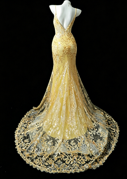 Chic Yellow Prom Dress  Spaghetti Strapless Sheath Tulle Appliques Long Evening Dress DQ013