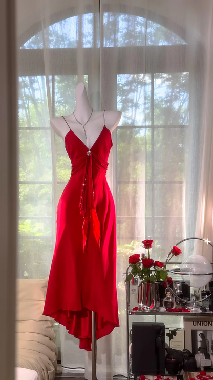 Pretty Red V Neck Chiffon Party Dress Spaghetti Straps Mermaid Birthday Prom Dress S725