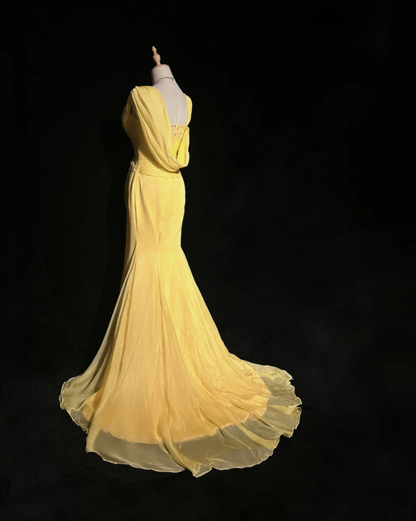 Glamorous Yellow Chiffon Sequin Mermaid Long Party Dress Prom Gown Formal Wedding Guest Dress