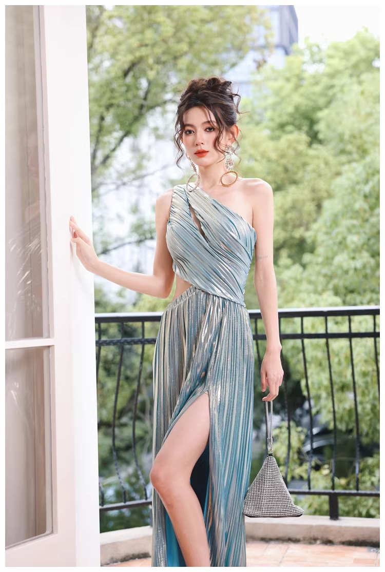 Sexy One Shoulder Satin Pleated Slit Long Wedding Guest Dress Blue Birthday Prom Dress Evening Gown