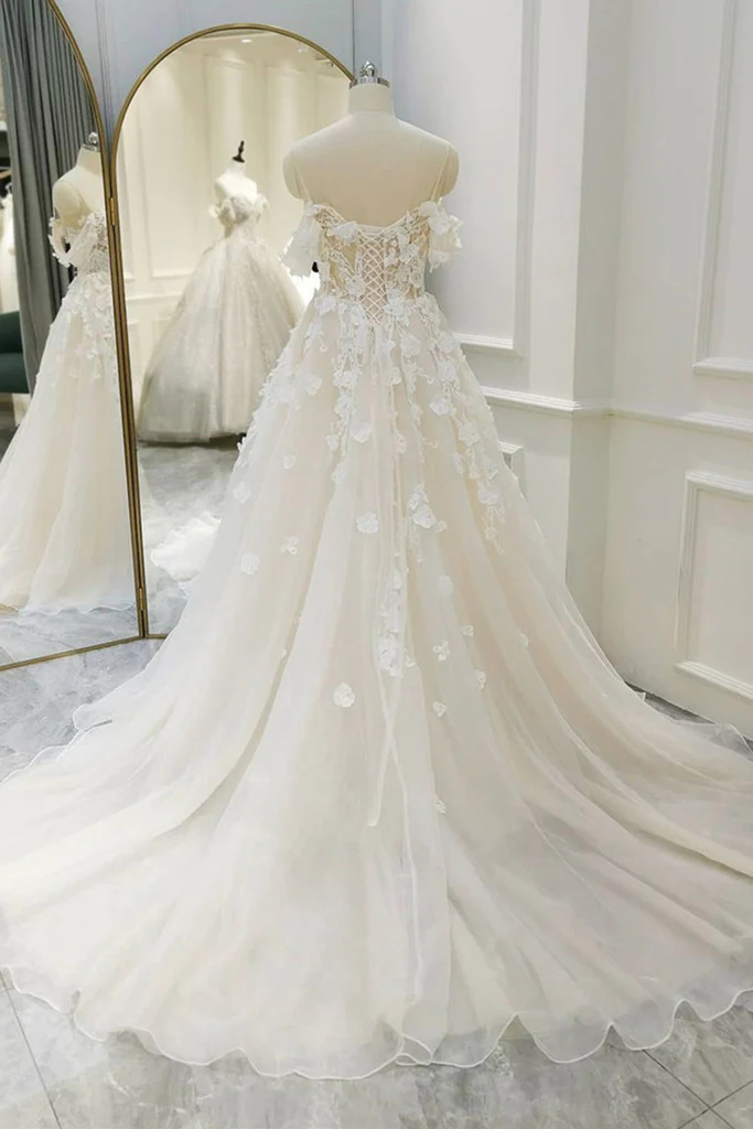 Off Shoulder Light Champagne Tulle Lace Long Wedding Dress Y211