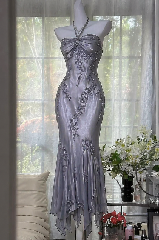 Gorgeous Halter Sheath Chiffon Beaded Long Evening Dress Gray Prom Dress DW05551