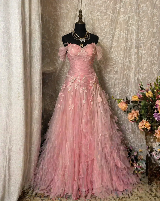 Gorgeous Off-shoulder A-Line Tulle Long Evening Dress Pink Prom Dress DW05552