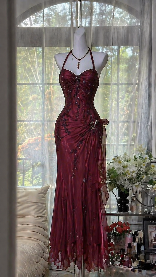 Gorgeous Halter Sheath Chiffon Long Evening Dress Burgundy Prom Dress DW05553