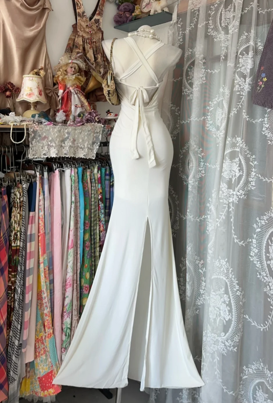 Gorgeous Halter Sheath Chiffon Long Evening Dress White Prom Dress DW05555