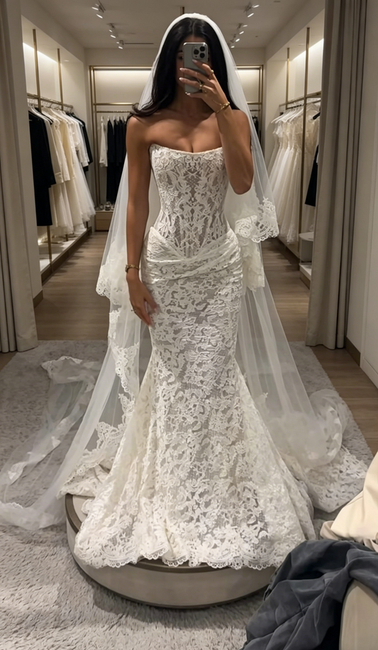 Elegant White Mermaid Bridal Gowns Strapless Lace Birdal Dress Sleeveless Wedding Dress DW08888