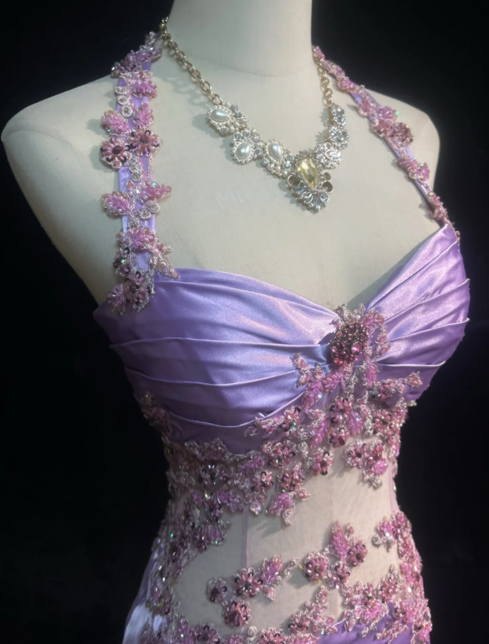 Pretty Halter Lavender Satin Beaded Mermaid Long Prom Dress Evening Dress SP1382