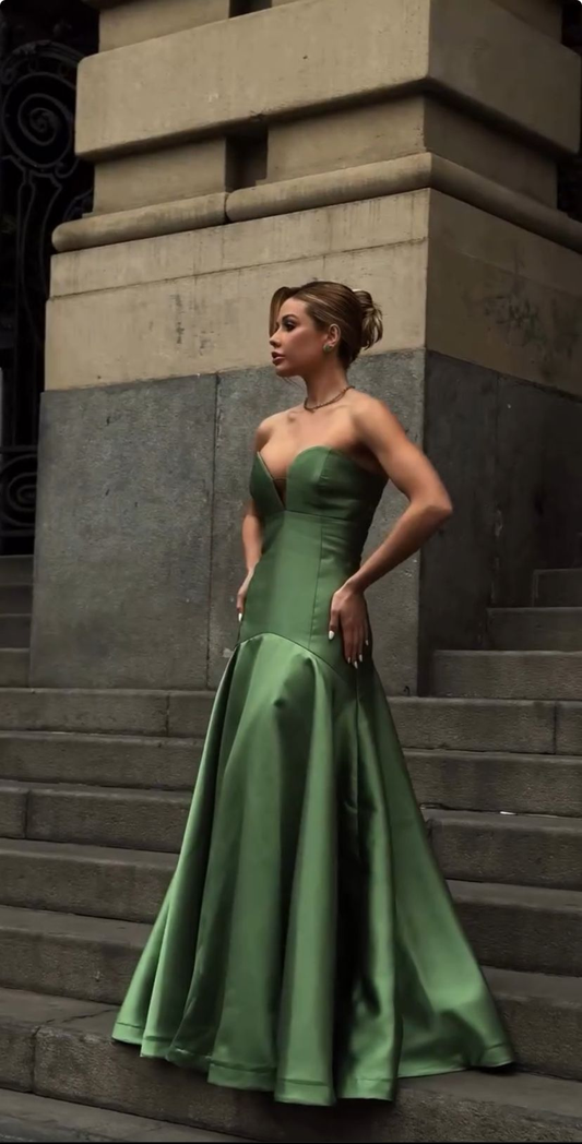 Vintage Sweetheart Neck Green Satin Mermaid Evening Dress Long Party Gown