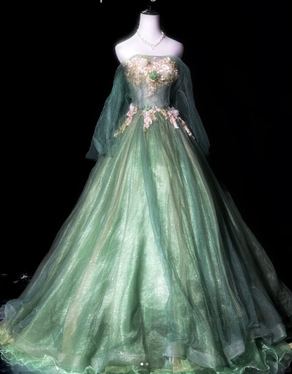 Charming Green Tulle Lace Appliques Long Prom Dress Evening Gown