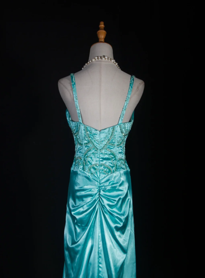 Classy V Neck Green Satin Beaded Mermaid Evening Dress Long Birthday Party Dress D2287