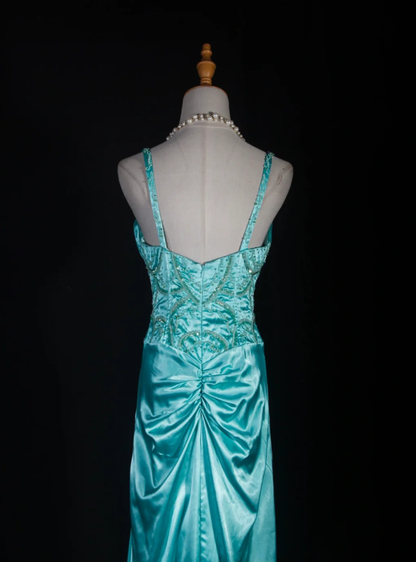 Classy V Neck Green Satin Beaded Mermaid Evening Dress Long Birthday Party Dress D2287