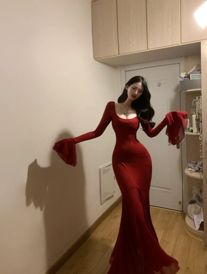 Charming Red Chiffon Mermaid Long Party Dress Prom Gown