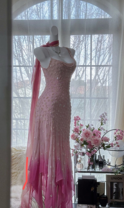 Luxury Pink Spaghetti Straps Chiffon Beaded Mermaid Evening Dress Prom Gown cc3028