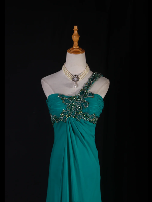 Unique One Shoulder Green Beaded Chiffon Mermaid Long Party Dress Formal Wedding Guest Dress D2242