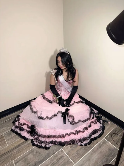 Vintage Pink Strapless Chiffon Pleated Layered Lace Ball Gown Formal Prom Dress With Gloves