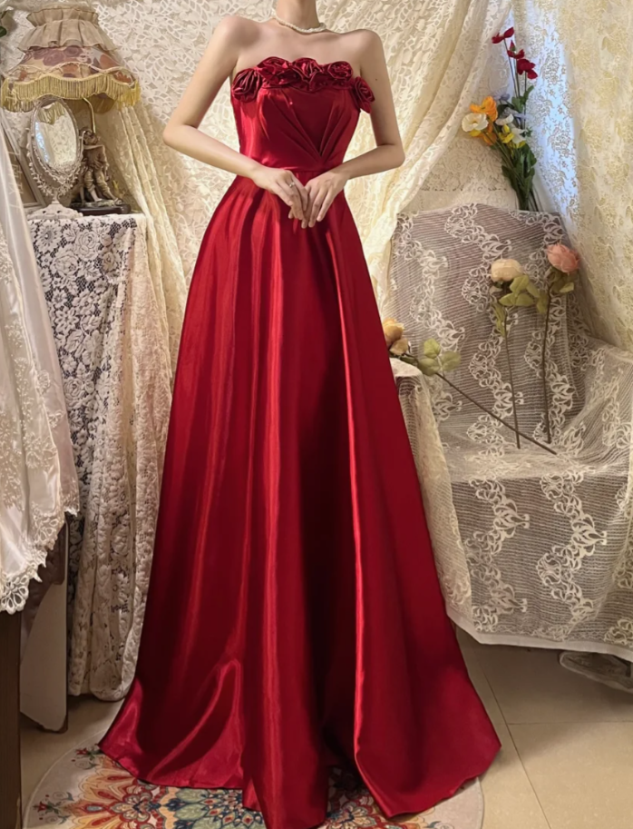 Fashion Red Strapless Satin A Line Long Wedding Guest dress Formal Evening Gown With 3D Flowers