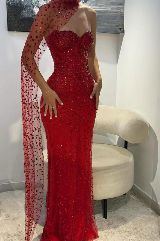 Gorgeous Red Strapless Tulle Beaded Mermaid Evening Dress Long Party Gown