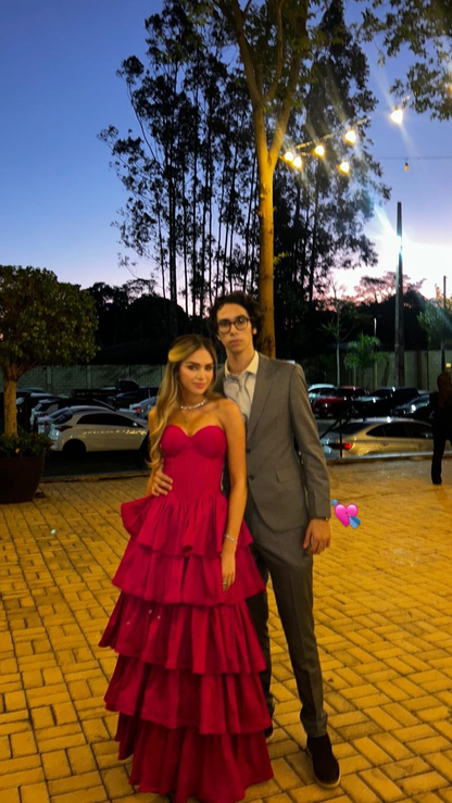 Charming Sweetheart Neck Hot Pink Satin Layered A Line Long Party Dress Birthday Prom Gown