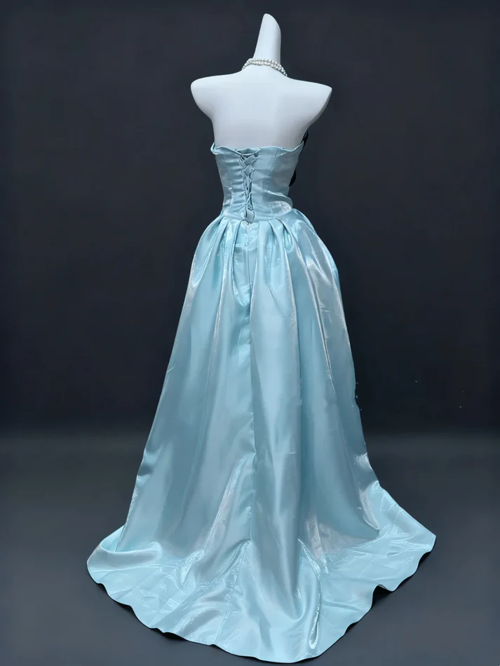 Cute Blue Satin Pleated Ball Gown 16th Birthday Party Dress