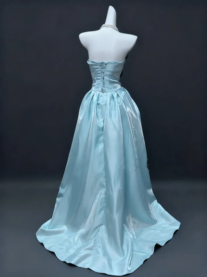 Cute Blue Satin Pleated Ball Gown 16th Birthday Party Dress