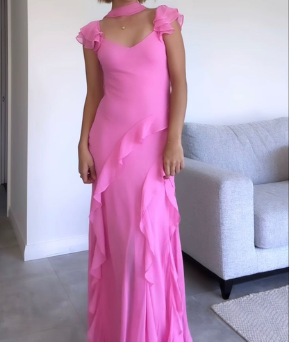 Beautiful Pink V Neck Chiffon Ruffle Mermaid Long Prom Dress Party Gown With Ribbon