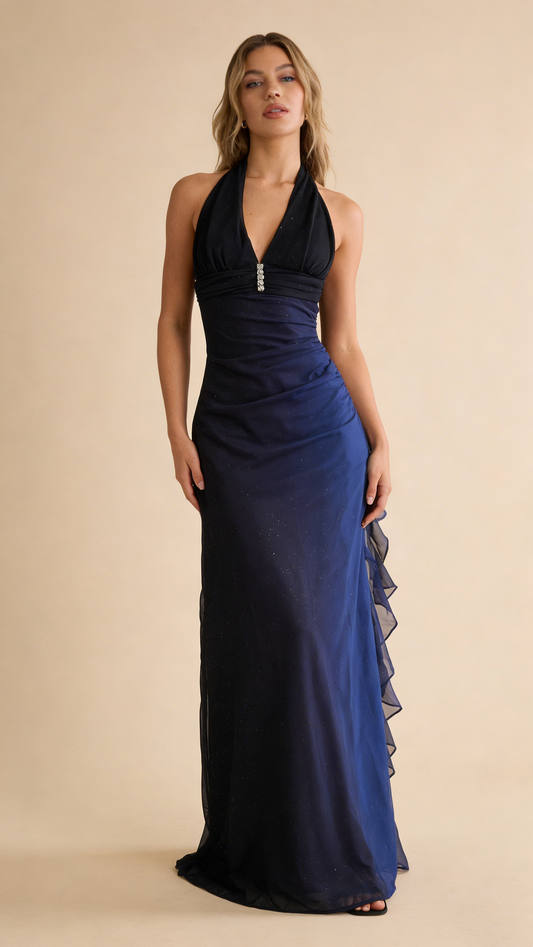 Dark Blue Halter Sheath Chiffon Long Party Dress Vintage Evening Dress, D697